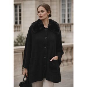 Estheme Cachemire Black Cashmere Cardigan Coat w/ Removable Faux Fur Collar L